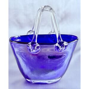 Vintage Art Glass Vase Purse Cobalt Blue Bag Murano Style Hand Blown Iridescent
